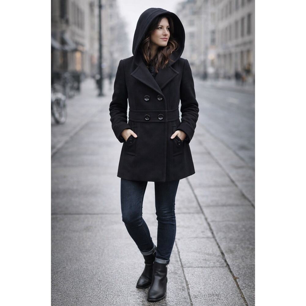 Esprit Black Hooded Pea Coat Wool Blend Double Breasted Winter Jacket Size Large